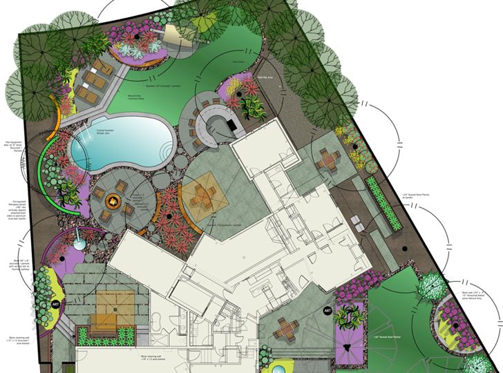 This geometrically distinct home was stuck with a boring, arbitrary kidney shaped pool, but by integrating a patio and landscape design that amplified and stitched the shapes together, the two were reconciled.